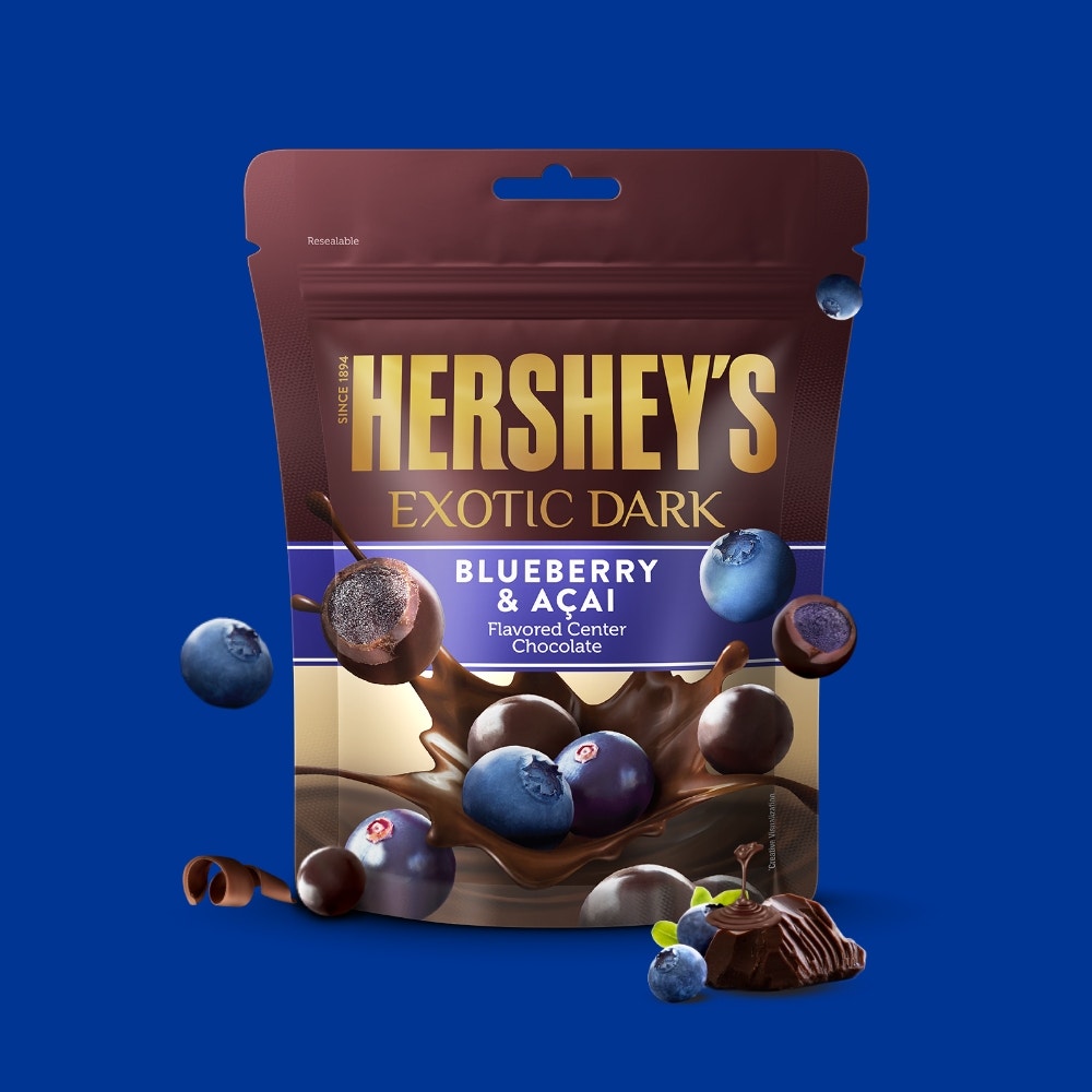 HERSHEY'S EXOTIC DARK Blueberry & Acai flavor Dark Chocolate.