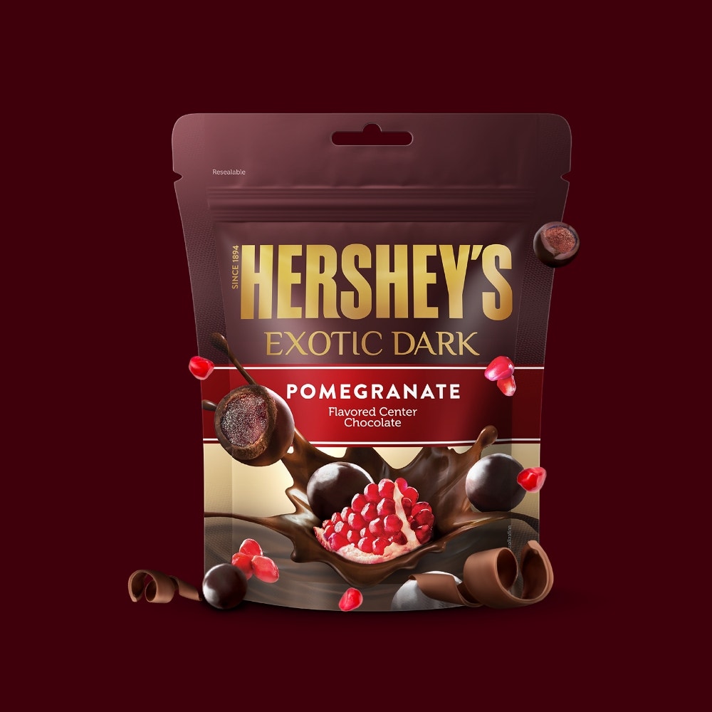 HERSHEY'S EXOTIC DARK Pomegranate flavor Dark Chocolate.