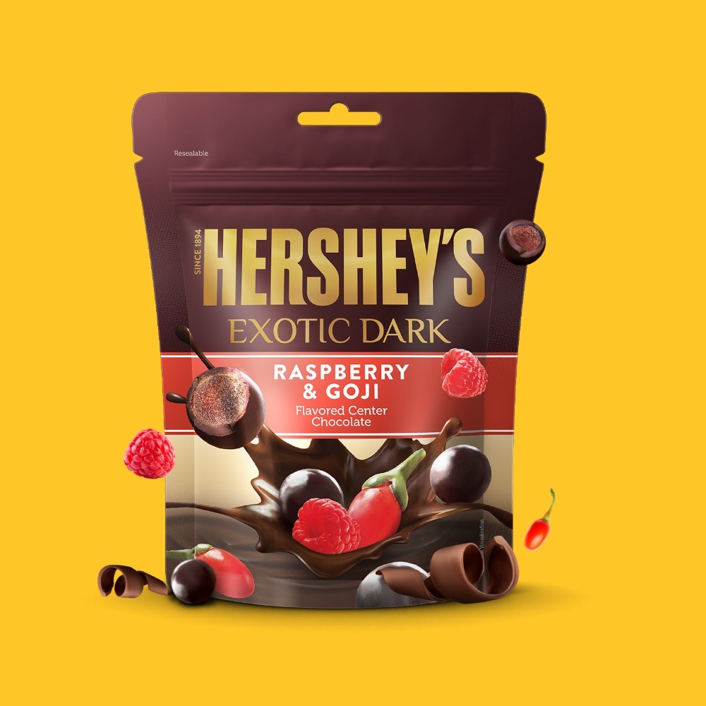 HERSHEY'S EXOTIC DARK Raspberry & Goji flavor Dark Chocolate.
