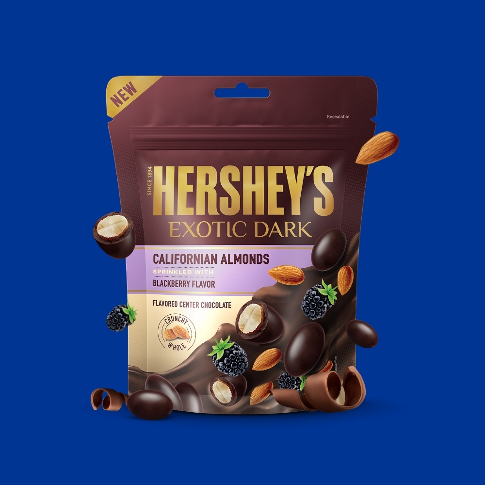 HERSHEY'S EXOTIC DARK Californian Almonds with blackberry flavor.