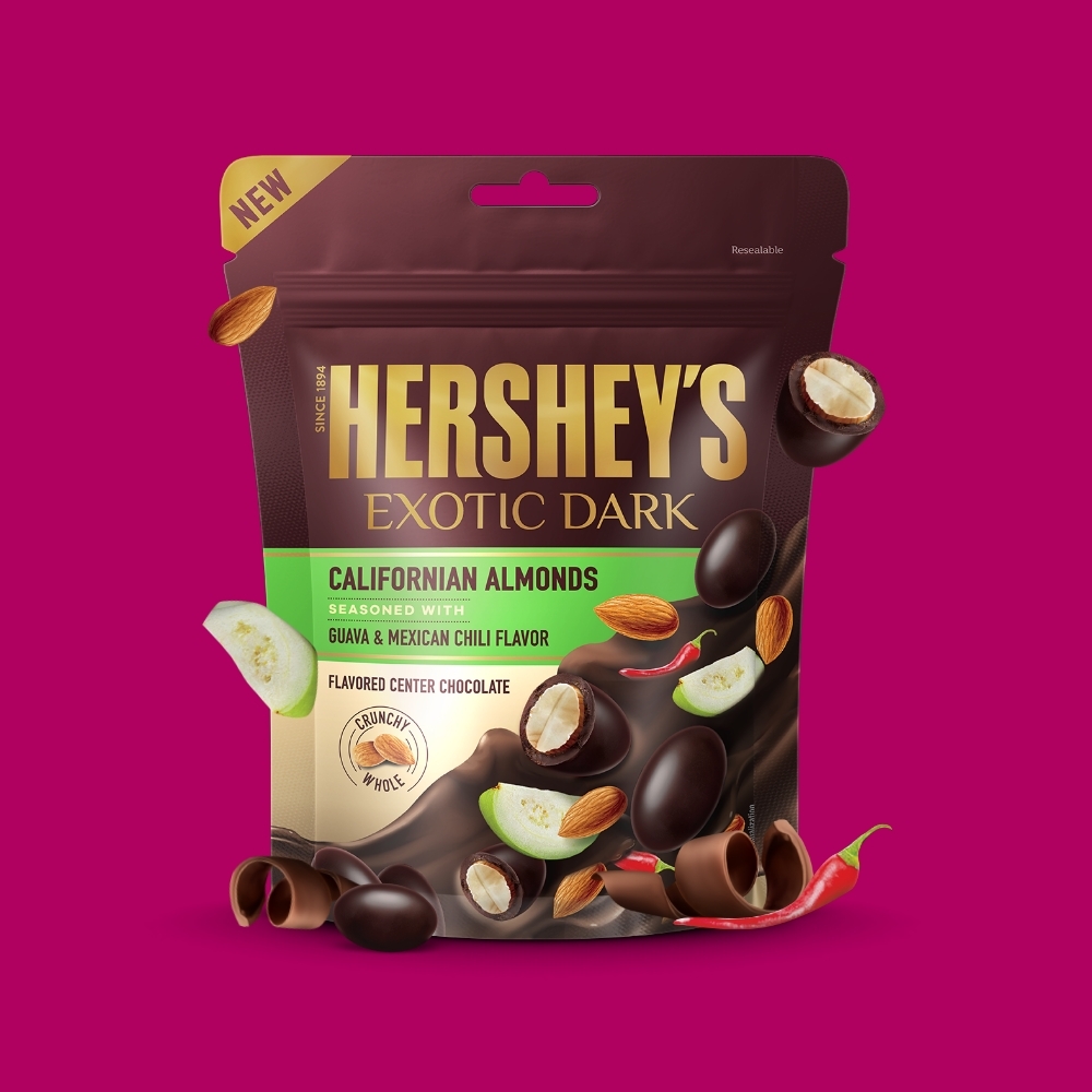 HERSHEY'S EXOTIC DARK Californian Almonds seasoned with Guava & Mexican chilli Flavor Dark Chocolate