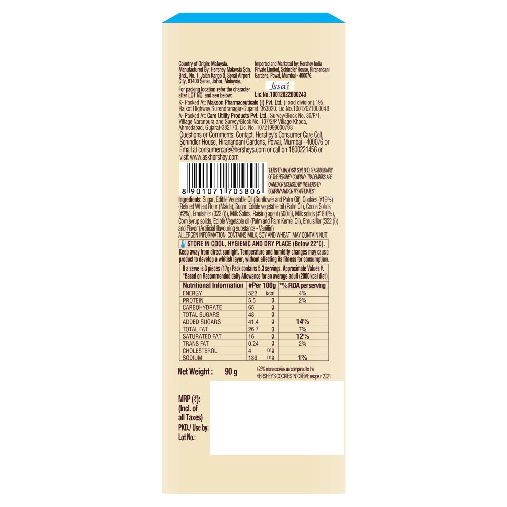 HERSHEY'S BARS Cookies 'N' Creme 90g Back of the Pack