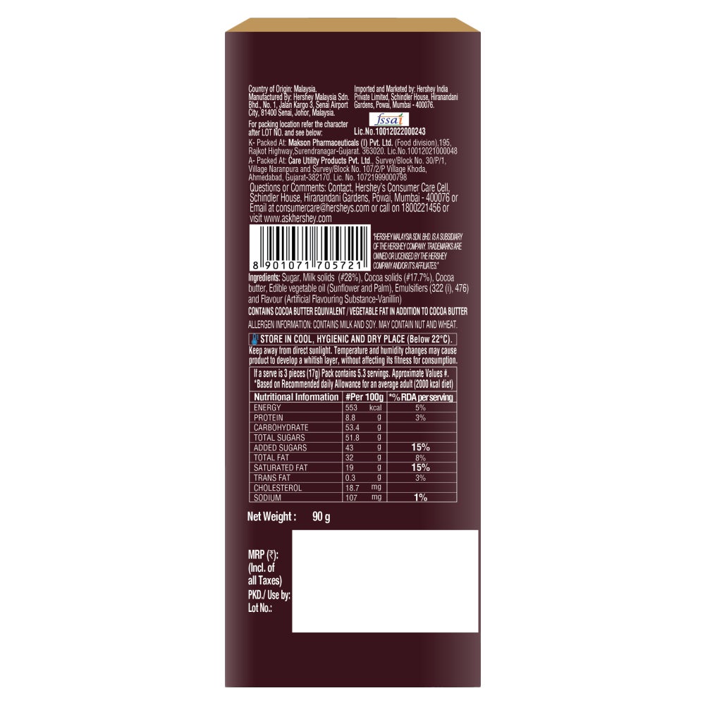 HERSHEY'S BARS Creamy Milk 90g Back of the Pack