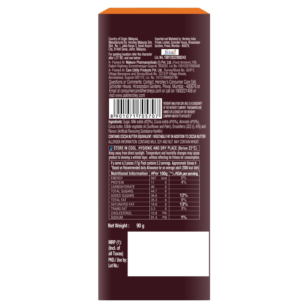 HERSHEY'S BARS Whole Almonds 90g Back of the Pack