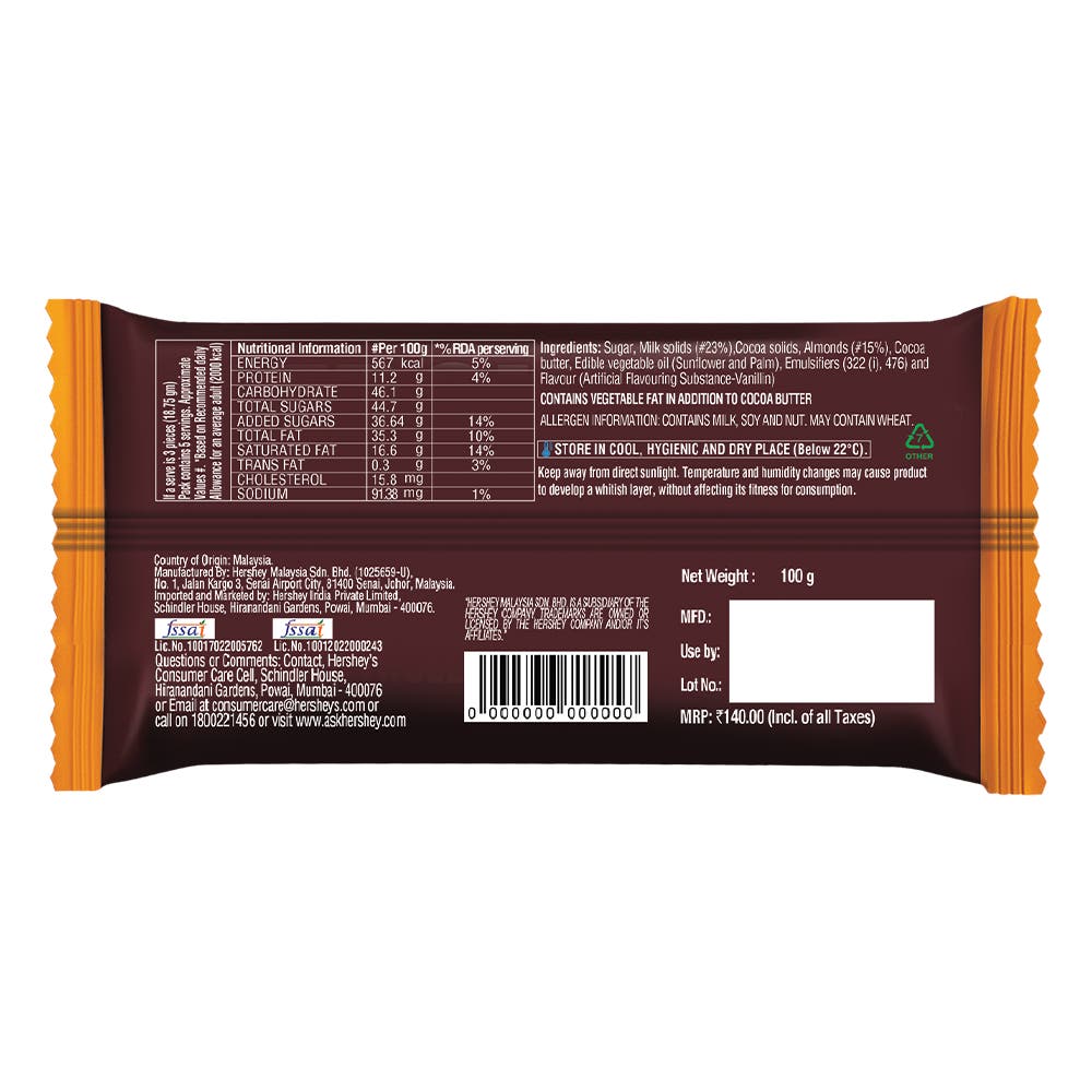 HERSHEY'S BARS Whole Almonds 100g Back of the Pack