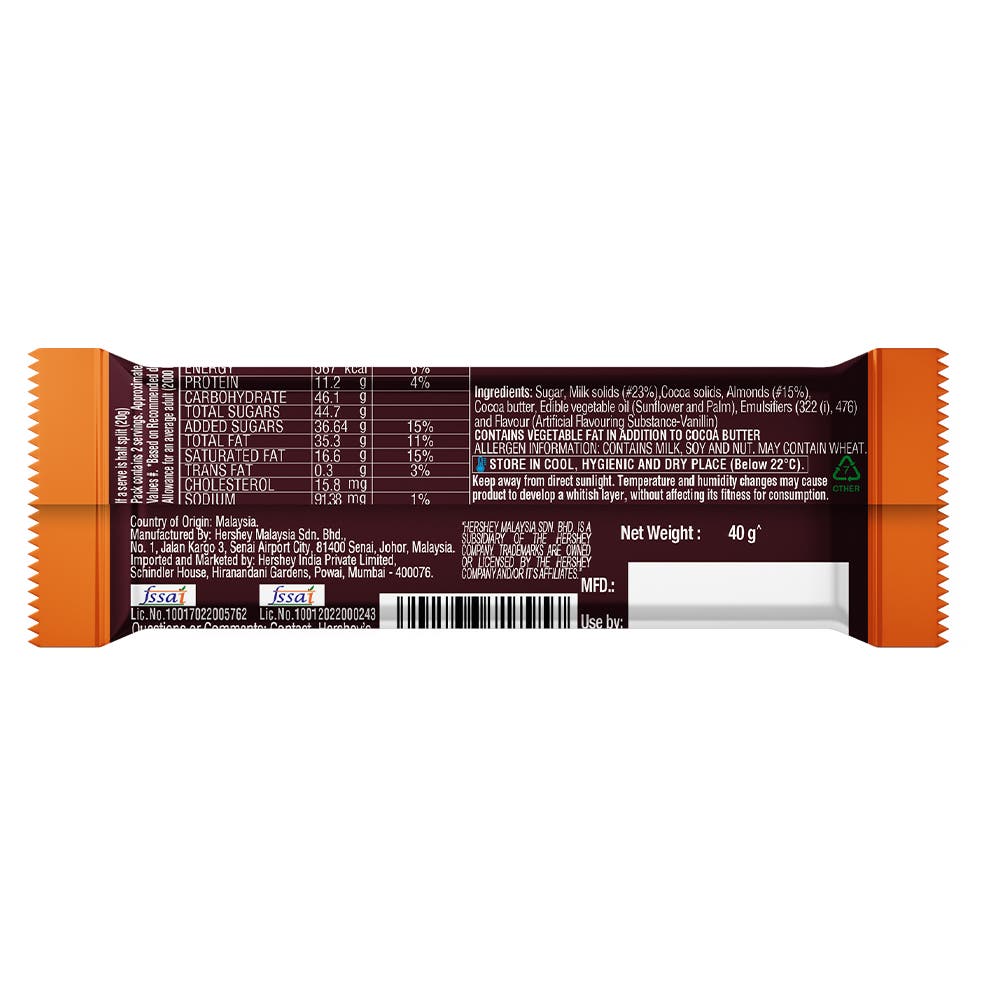 HERSHEY'S BARS Whole Almonds 40g Back of the Pack
