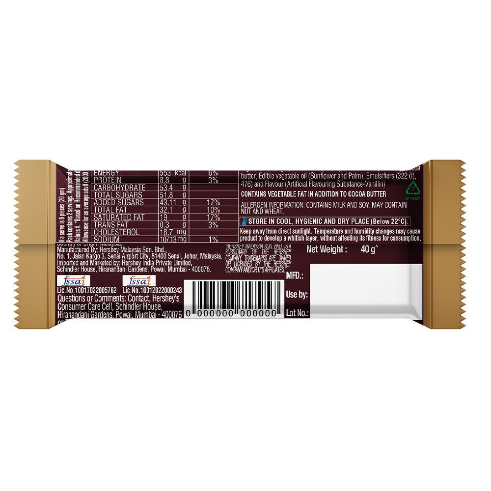 HERSHEY'S BARS Creamy Milk 40g Back of the Pack