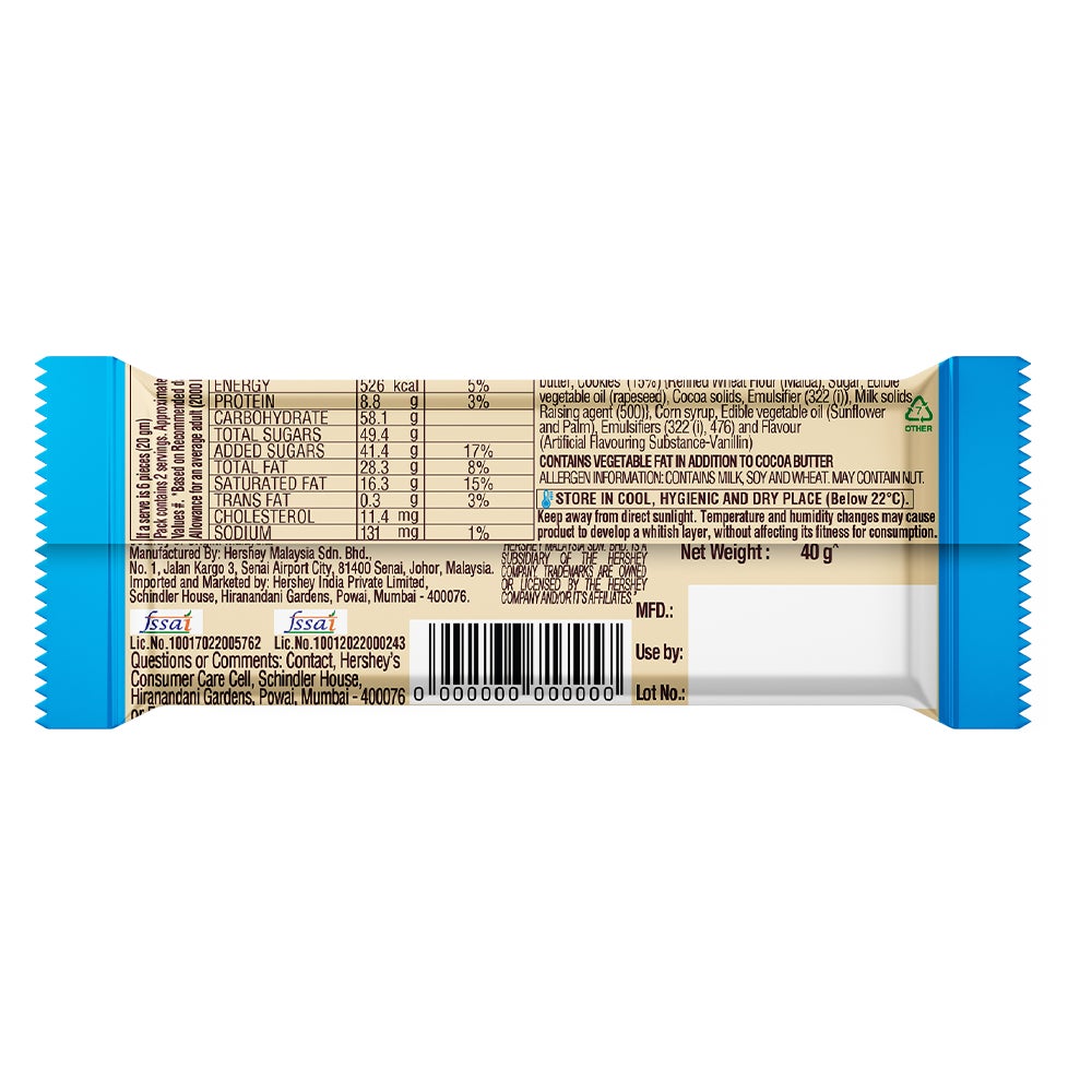 HERSHEY'S BARS Cookies 'N' Creme 40g Back of the Pack