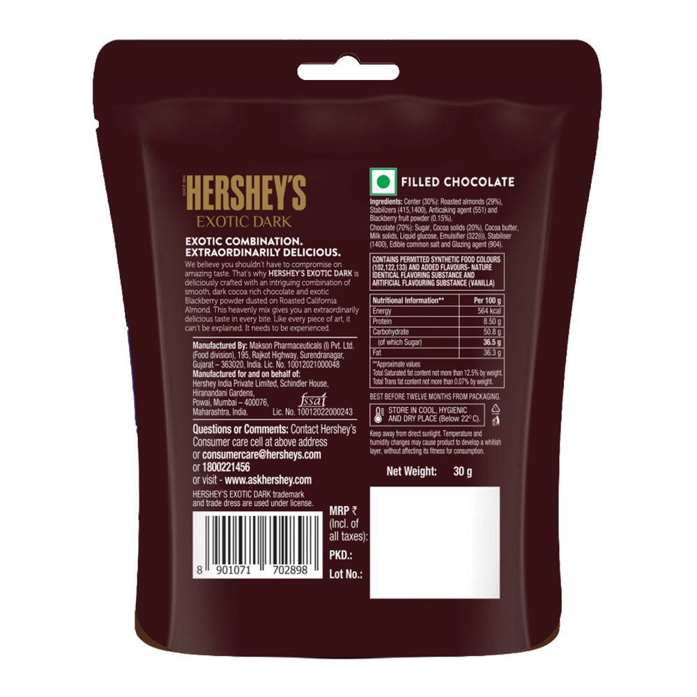 HERSHEY’S EXOTIC DARK Californian Almonds with Blackberry 30g Back of the pack