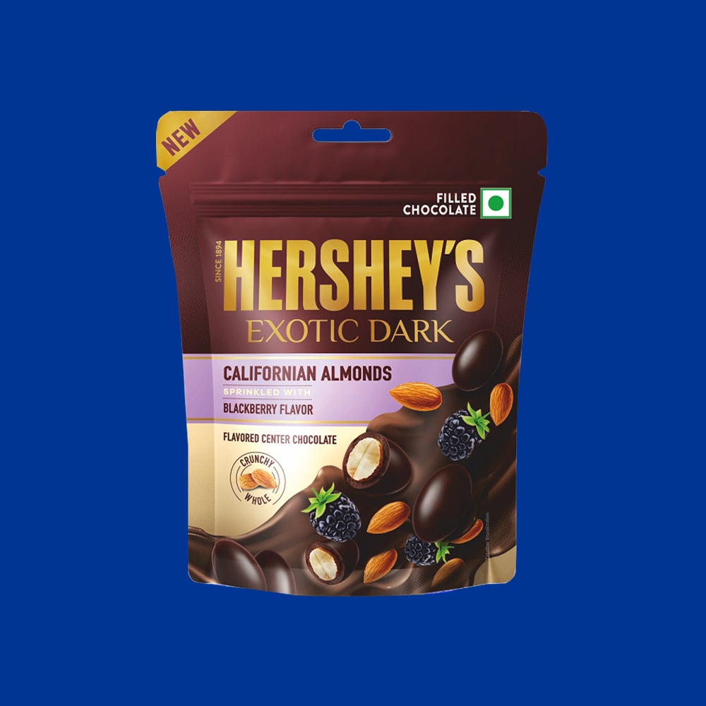 HERSHEY'S EXOTIC DARK Californian Almonds with blackberry flavor.