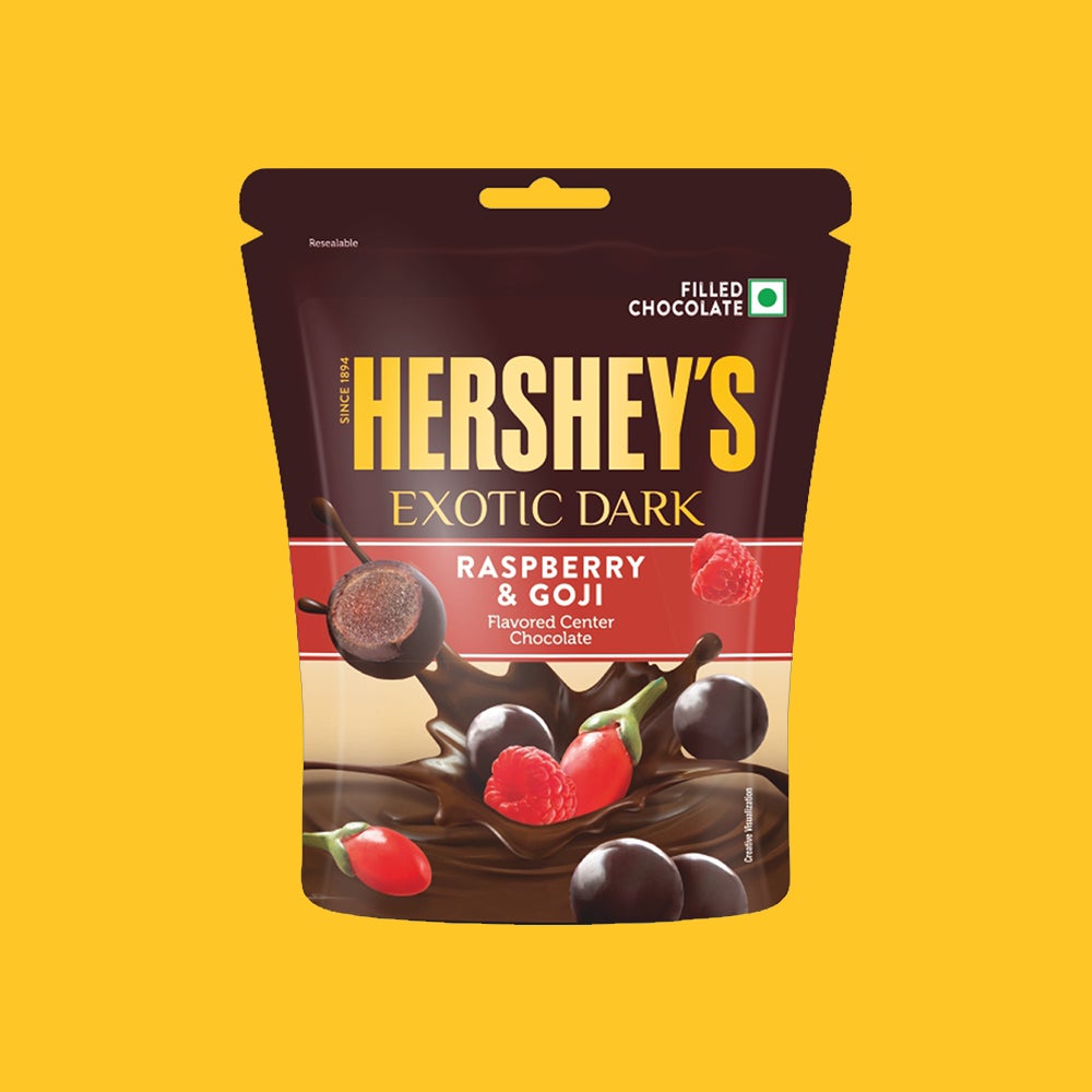 HERSHEY'S EXOTIC DARK Raspberry & Goji flavor Dark Chocolate.