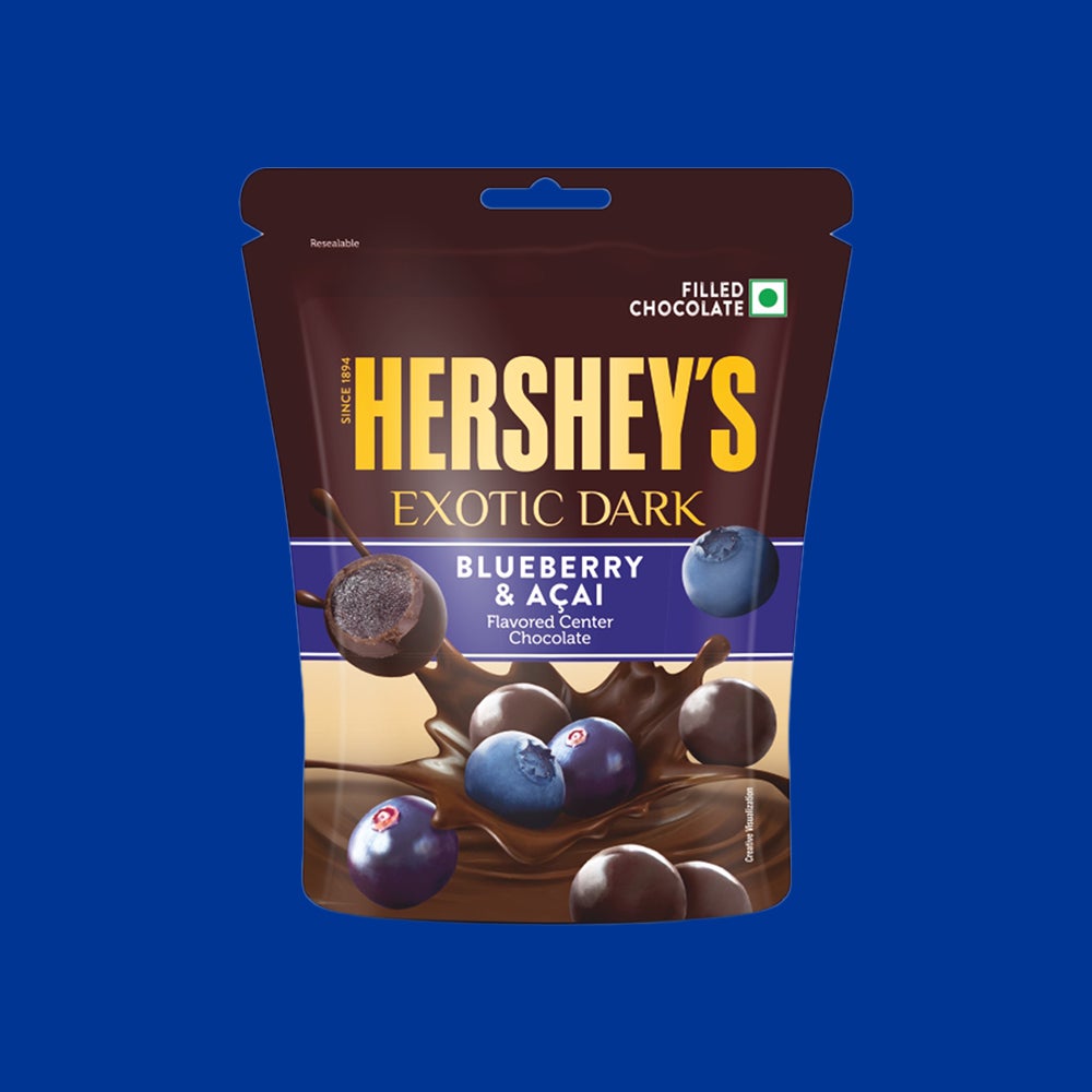 HERSHEY'S EXOTIC DARK Blueberry & Acai flavor Dark Chocolate.