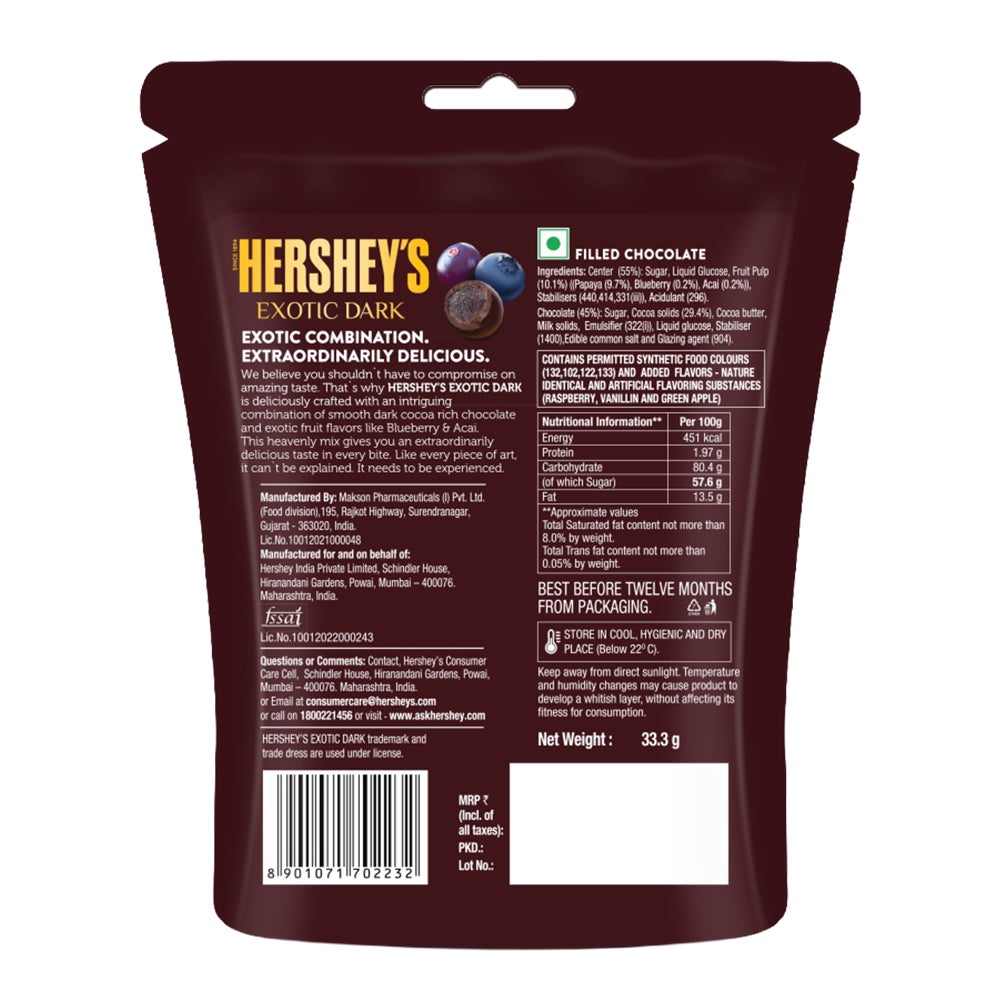 HERSHEY'S EXOTIC DARK Blueberry 33.3g Back of the Pack