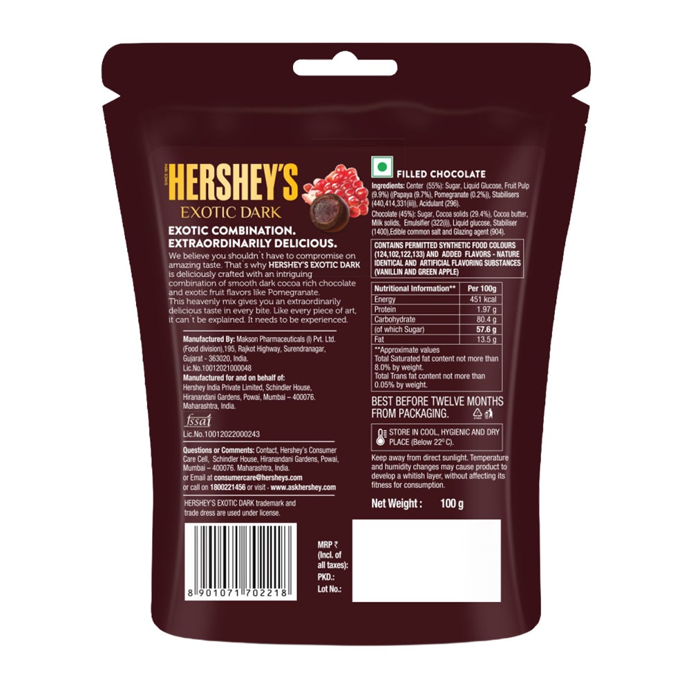 HERSHEY'S EXOTIC DARK Pomegranate 100g Back of the Pack