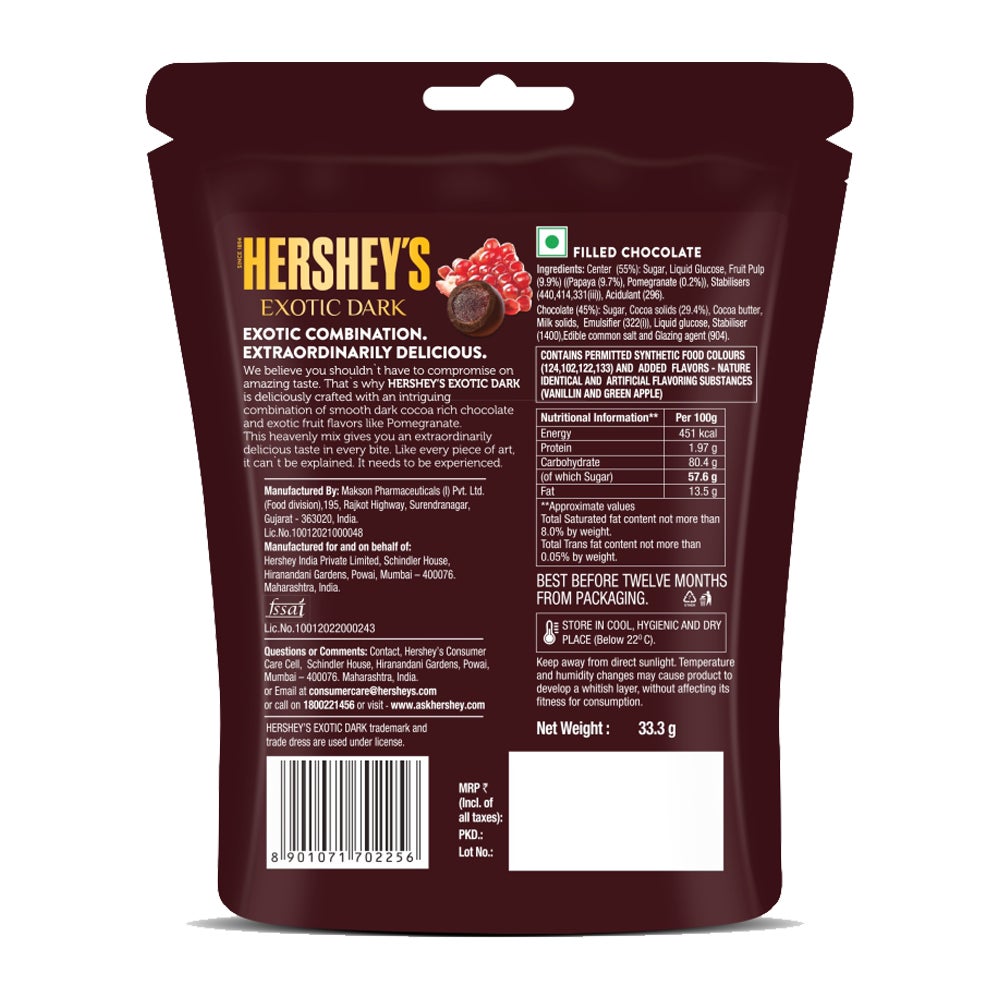 HERSHEY'S EXOTIC DARK Raspberry 33g Back of the Pack