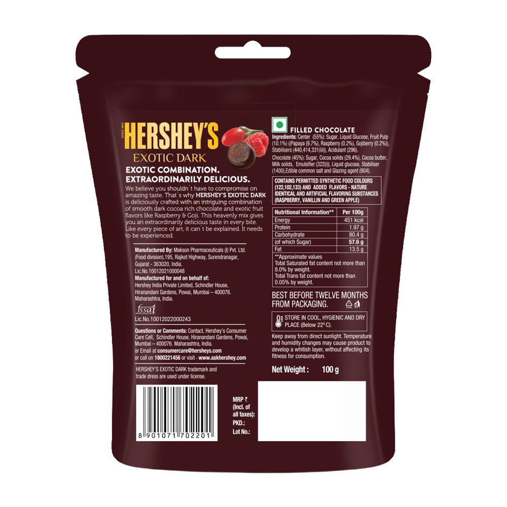 HERSHEY'S EXOTIC DARK raspberry & goji flavor back of the pack