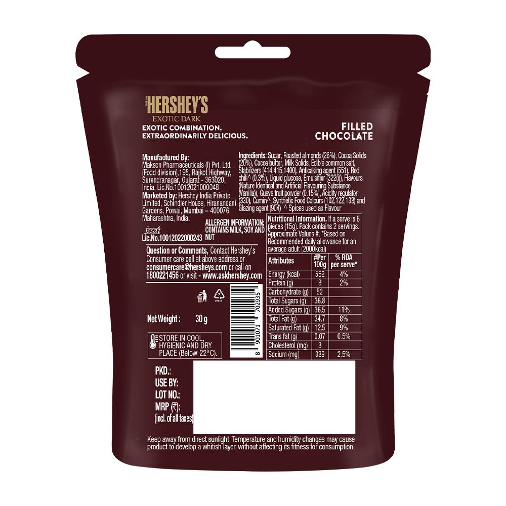 HERSHEY’S EXOTIC DARK Californian Almonds with Blackberry 30g Back of the pack
