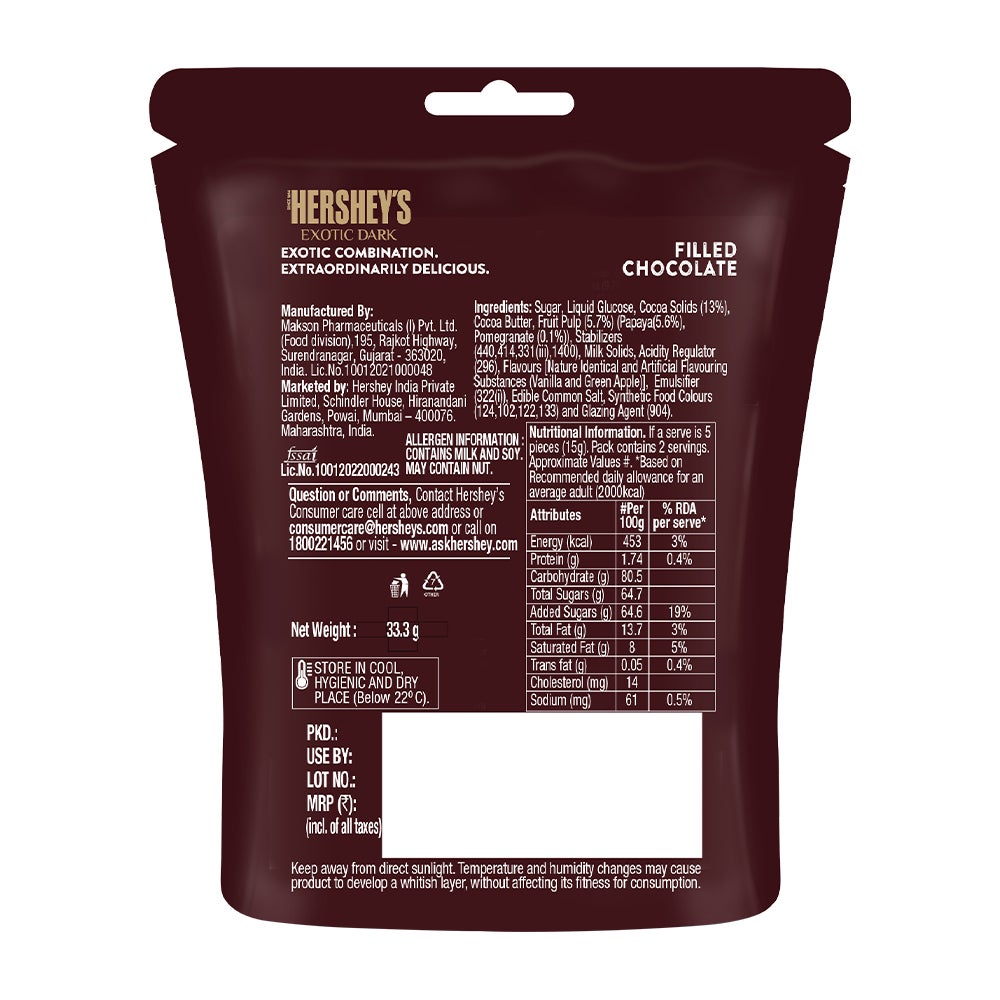 HERSHEY'S EXOTIC DARK Raspberry 33g Back of the Pack