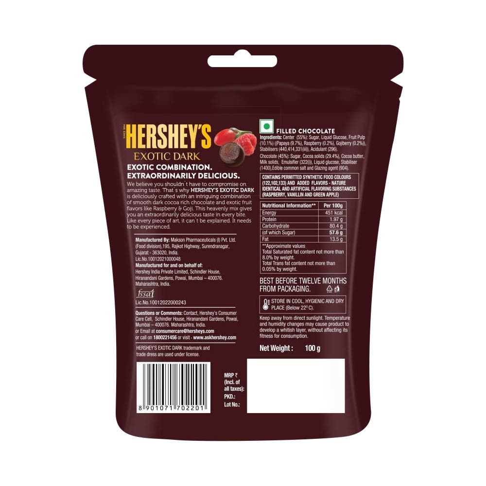 HERSHEY'S EXOTIC DARK raspberry & goji flavor back of the pack