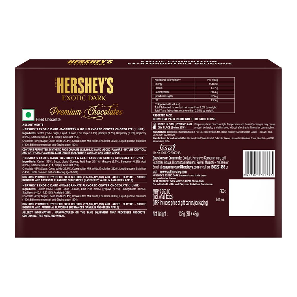 HERSHEY'S EXOTIC DARK premium chocolates gift pack back of the pack