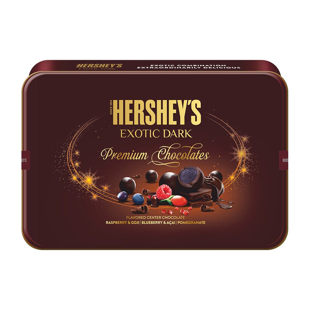 HERSHEY’S EXOTIC DARK Premium Chocolates Tin Gift Pack 192g Front of the pack