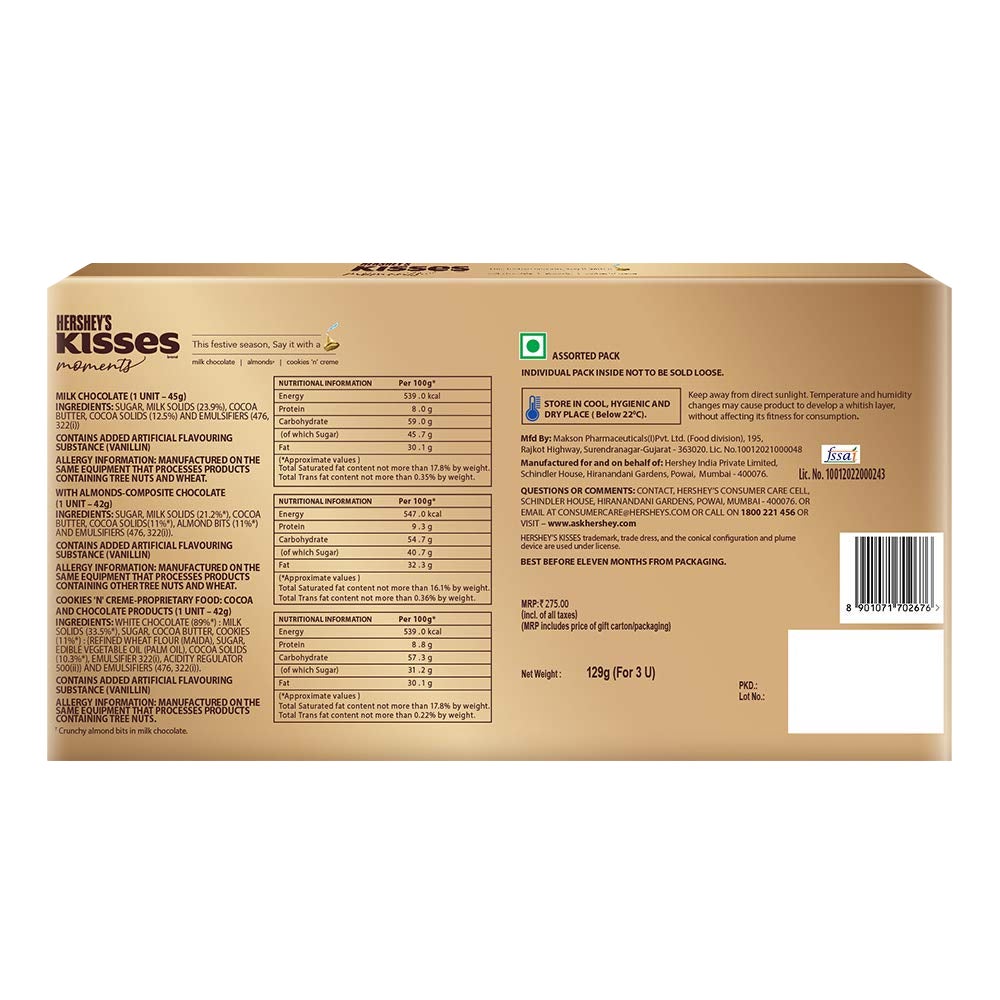 HERSHEY’S KISSES Moments Tin Gift Pack 129g Back of the pack