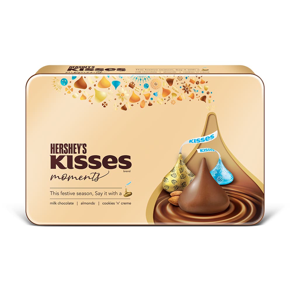 HERSHEY’S KISSES Moments Tin Gift Pack 193.5g Front of the pack