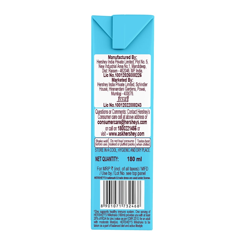 HERSHEY'S MILKSHAKE Cookies 'N' Creme 180ml S1 Back of the Pack