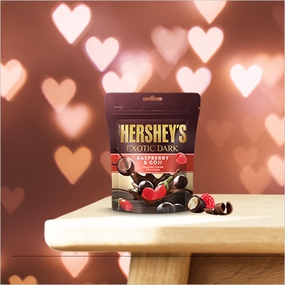 HERSHEY'S EXOTIC DARK raspberry & goji flavor front of the pack